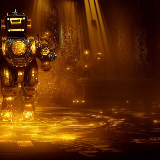 Robbie and Ticktock stand before a massive intricate mechanism, its golden gears spinning in a mesmerizing dance, as the room is bathed in a warm, ethereal glow, casting enchanting shadows on the walls.